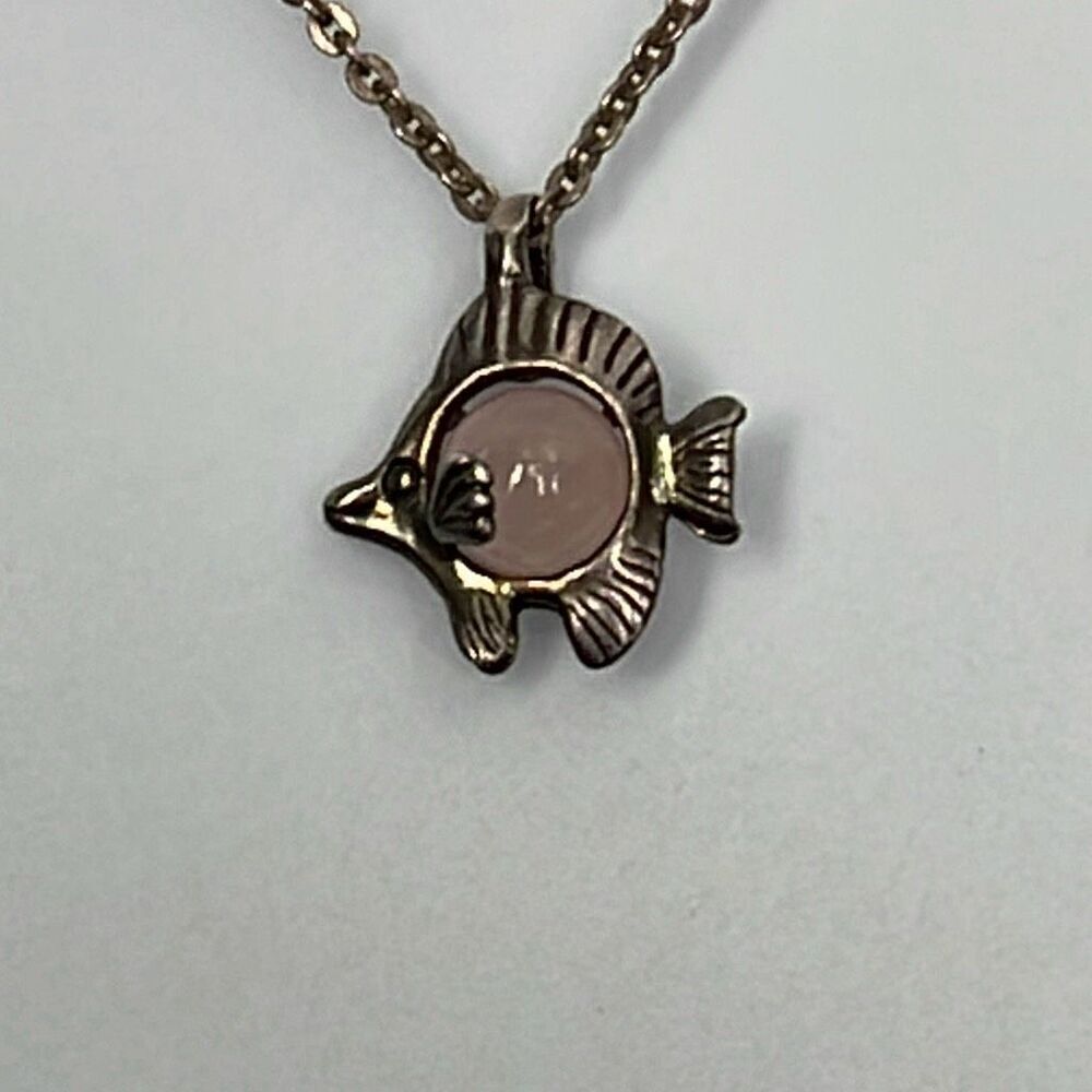 Native American sterling fish rose quartz handmade artist signed pendant necklac